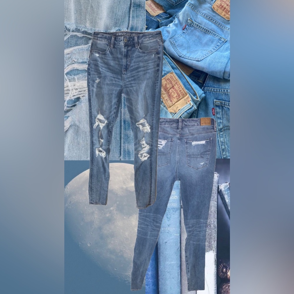 BLUE RIPPED SKINNY JEANS: SIZE 4 - AMERICAN EAGLE